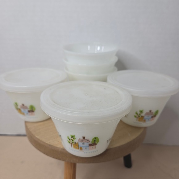 Vintage Indopal Custard Cups Heartland Village Milk Glass Set of 6 w/ 3 Lids - Picture 1 of 7